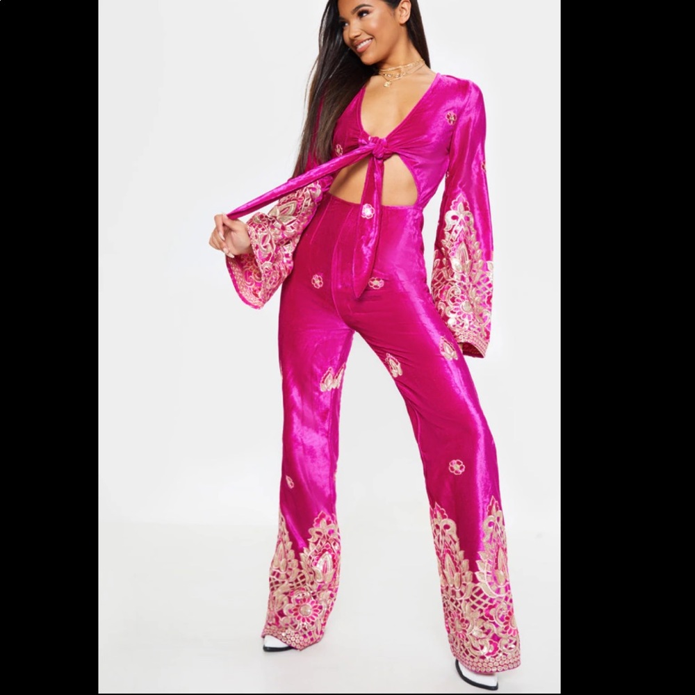 PrettyLittleThing Fuchsia Satin Embroidered Tie-Front Jumpsuit